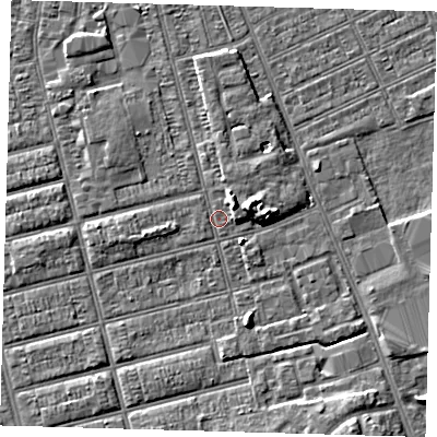 Shaded relief map of the ground around DN329PA, computed from Environment Agency LiDAR. The ground here sits at about 3 m above sea level and falls 5 m across the surrounding 800 m. Surface water reaching this point runs off ground lying to the north-north-east, 3.6 m higher.