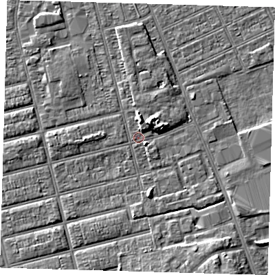 Shaded relief map of the ground around DN329PB, computed from Environment Agency LiDAR. The ground here sits at about 3 m above sea level and falls 5 m across the surrounding 800 m. Surface water reaching this point runs off ground lying to the south, 2.9 m higher.