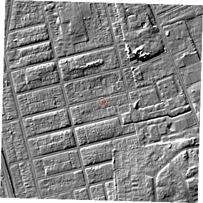 Shaded relief map of the ground around DN329PH, computed from Environment Agency LiDAR. The ground here sits at about 3 m above sea level and falls 6 m across the surrounding 800 m. Surface water reaching this point runs off ground lying to the south-east, 2.1 m higher.