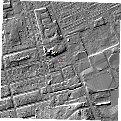 Shaded relief map of the ground around DN329PL, computed from Environment Agency LiDAR. The ground here sits at about 3 m above sea level and falls 6 m across the surrounding 800 m. Surface water reaching this point runs off ground lying to the west-south-west, 1.1 m higher.