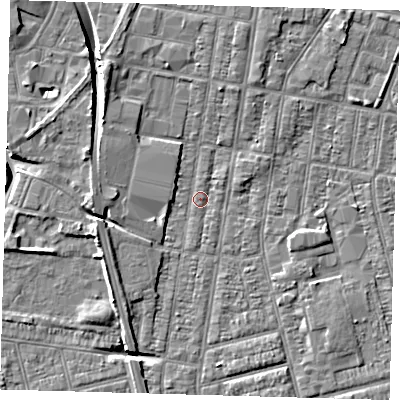 Shaded relief map of the ground around DN329PT, computed from Environment Agency LiDAR. The ground here sits at about 3 m above sea level and falls 8 m across the surrounding 800 m. Surface water reaching this point runs off ground lying to the north-west, 5.2 m higher.