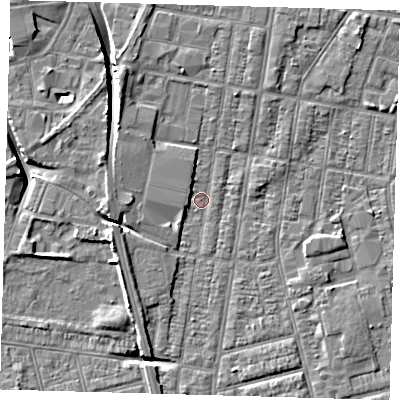 Shaded relief map of the ground around DN329PU, computed from Environment Agency LiDAR. The ground here sits at about 2 m above sea level and falls 8 m across the surrounding 800 m. Surface water reaching this point runs off ground lying to the north-west, 5.2 m higher.