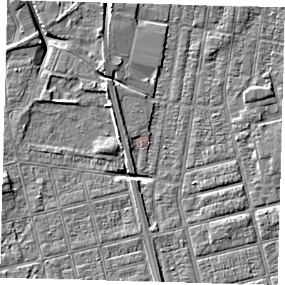 Shaded relief map of the ground around DN329PW, computed from Environment Agency LiDAR. The ground here sits at about 3 m above sea level and falls 5 m across the surrounding 800 m. Surface water reaching this point runs off ground lying to the east-north-east, 0.8 m higher.
