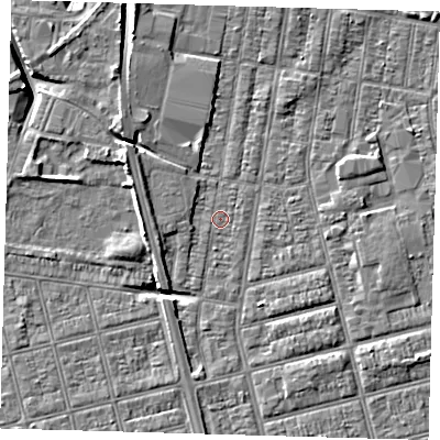 Shaded relief map of the ground around DN329PX, computed from Environment Agency LiDAR. The ground here sits at about 2 m above sea level and falls 7 m across the surrounding 800 m. Surface water reaching this point runs off ground lying to the west-north-west, 5.1 m higher.
