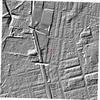 Shaded relief map of the ground around DN329PY, computed from Environment Agency LiDAR. The ground here sits at about 3 m above sea level and falls 5 m across the surrounding 800 m. Surface water reaching this point runs off ground lying to the north-west, 5.3 m higher.
