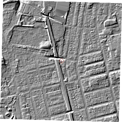 Shaded relief map of the ground around DN329QA, computed from Environment Agency LiDAR. The ground here sits at about 2 m above sea level and falls 5 m across the surrounding 800 m. Surface water reaching this point runs off ground lying to the north-north-west, 5.3 m higher.