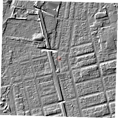 Shaded relief map of the ground around DN329QD, computed from Environment Agency LiDAR. The ground here sits at about 3 m above sea level and falls 5 m across the surrounding 800 m. Surface water reaching this point runs off ground lying to the south, 1.3 m higher.