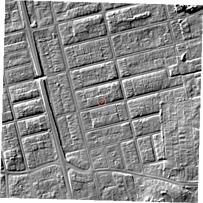 Shaded relief map of the ground around DN329QH, computed from Environment Agency LiDAR. The ground here sits at about 4 m above sea level and falls 8 m across the surrounding 800 m. Surface water reaching this point runs off ground lying to the east-north-east, 1.1 m higher.