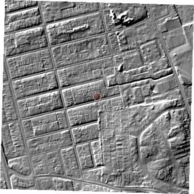 Shaded relief map of the ground around DN329QJ, computed from Environment Agency LiDAR. The ground here sits at about 4 m above sea level and falls 6 m across the surrounding 800 m. Surface water reaching this point runs off ground lying to the south-south-east, 3.7 m higher.