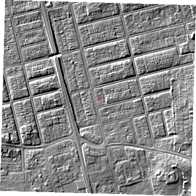 Shaded relief map of the ground around DN329QN, computed from Environment Agency LiDAR. The ground here sits at about 4 m above sea level and falls 8 m across the surrounding 800 m. Surface water reaching this point runs off ground lying to the south-east, 5.4 m higher.