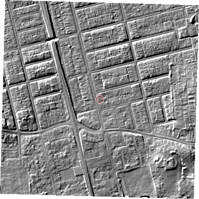Shaded relief map of the ground around DN329QP, computed from Environment Agency LiDAR. The ground here sits at about 4 m above sea level and falls 8 m across the surrounding 800 m. Surface water reaching this point runs off ground lying to the south-east, 5.2 m higher.