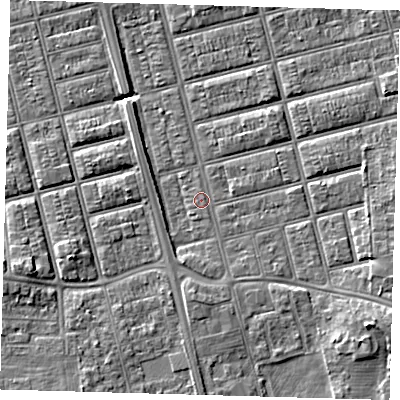 Shaded relief map of the ground around DN329QR, computed from Environment Agency LiDAR. The ground here sits at about 4 m above sea level and falls 8 m across the surrounding 800 m. Surface water reaching this point runs off ground lying to the south-east, 5.4 m higher.