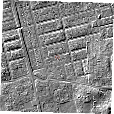 Shaded relief map of the ground around DN329QS, computed from Environment Agency LiDAR. The ground here sits at about 4 m above sea level and falls 8 m across the surrounding 800 m. Surface water reaching this point runs off ground lying to the south-east, 1.0 m higher.