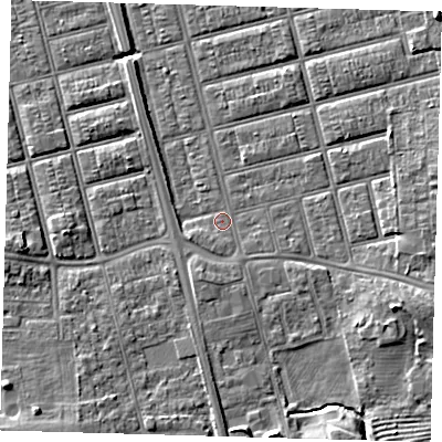 Shaded relief map of the ground around DN329QU, computed from Environment Agency LiDAR. The ground here sits at about 4 m above sea level and falls 8 m across the surrounding 800 m. Surface water reaching this point runs off ground lying to the south-south-west, 1.2 m higher.