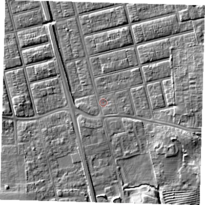 Shaded relief map of the ground around DN329QX, computed from Environment Agency LiDAR. The ground here sits at about 4 m above sea level and falls 8 m across the surrounding 800 m. Surface water reaching this point runs off ground lying to the east-south-east, 5.1 m higher.