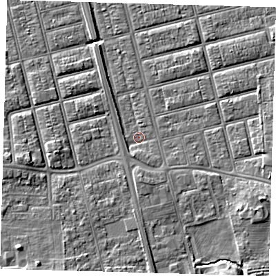 Shaded relief map of the ground around DN329QY, computed from Environment Agency LiDAR. The ground here sits at about 4 m above sea level and falls 8 m across the surrounding 800 m. Surface water reaching this point runs off ground lying to the south-south-west, 1.6 m higher.