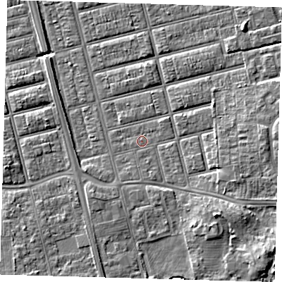 Shaded relief map of the ground around DN329QZ, computed from Environment Agency LiDAR. The ground here sits at about 4 m above sea level and falls 8 m across the surrounding 800 m. Surface water reaching this point runs off ground lying to the south-east, 5.0 m higher.