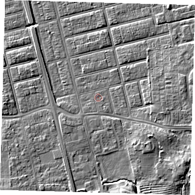 Shaded relief map of the ground around DN329RA, computed from Environment Agency LiDAR. The ground here sits at about 4 m above sea level and falls 8 m across the surrounding 800 m. Surface water reaching this point runs off ground lying to the south-east, 5.0 m higher.