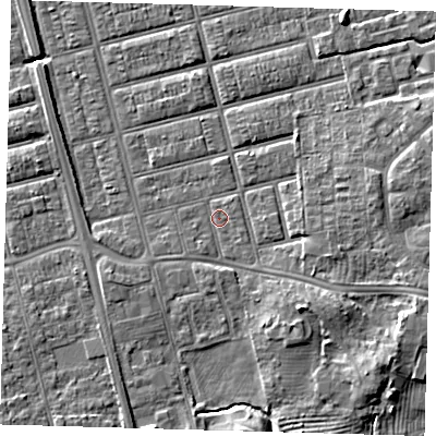 Shaded relief map of the ground around DN329RB, computed from Environment Agency LiDAR. The ground here sits at about 4 m above sea level and falls 8 m across the surrounding 800 m. Surface water reaching this point runs off ground lying to the south-east, 4.9 m higher.