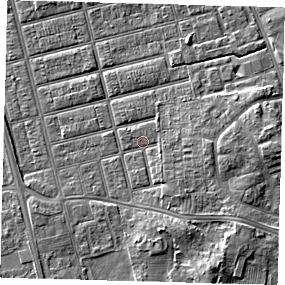 Shaded relief map of the ground around DN329RD, computed from Environment Agency LiDAR. The ground here sits at about 4 m above sea level and falls 6 m across the surrounding 800 m. Surface water reaching this point runs off ground lying to the south-south-east, 2.7 m higher.