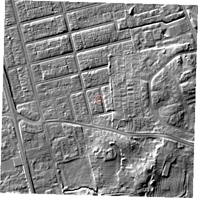 Shaded relief map of the ground around DN329RE, computed from Environment Agency LiDAR. The ground here sits at about 5 m above sea level and falls 6 m across the surrounding 800 m. Surface water reaching this point runs off ground lying to the south-east, 2.5 m higher.