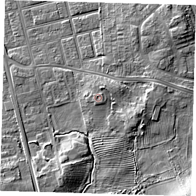 Shaded relief map of the ground around DN329RU, computed from Environment Agency LiDAR. The ground here sits at about 7 m above sea level and falls 8 m across the surrounding 800 m. Surface water reaching this point runs off ground lying to the north-north-east, 2.5 m higher.