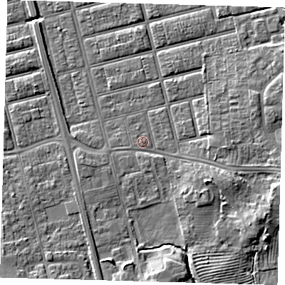 Shaded relief map of the ground around DN329RY, computed from Environment Agency LiDAR. The ground here sits at about 5 m above sea level and falls 8 m across the surrounding 800 m. Surface water reaching this point runs off ground lying to the south-east, 4.8 m higher.