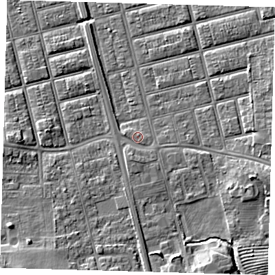 Shaded relief map of the ground around DN329RZ, computed from Environment Agency LiDAR. The ground here sits at about 5 m above sea level and falls 8 m across the surrounding 800 m. Surface water reaching this point runs off ground lying to the south-south-west, 1.4 m higher.
