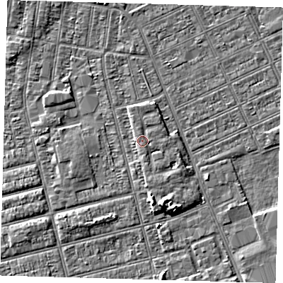 Shaded relief map of the ground around DN329SA, computed from Environment Agency LiDAR. The ground here sits at about 4 m above sea level and falls 5 m across the surrounding 800 m. Surface water reaching this point runs off ground lying to the south-south-east, 1.4 m higher.