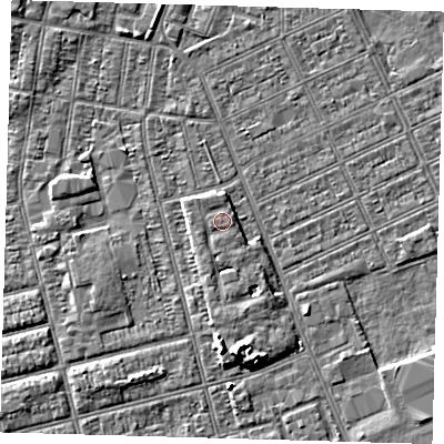 Shaded relief map of the ground around DN329SD, computed from Environment Agency LiDAR. The ground here sits at about 4 m above sea level and falls 5 m across the surrounding 800 m. Surface water reaching this point runs off ground lying to the north-west, 0.5 m higher.
