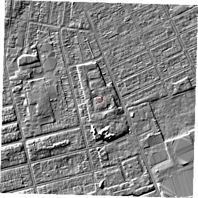Shaded relief map of the ground around DN329SE, computed from Environment Agency LiDAR. The ground here sits at about 4 m above sea level and falls 5 m across the surrounding 800 m. Surface water reaching this point runs off ground lying to the south-south-east, 1.6 m higher.