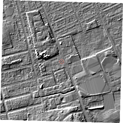 Shaded relief map of the ground around DN329SH, computed from Environment Agency LiDAR. The ground here sits at about 3 m above sea level and falls 5 m across the surrounding 800 m. Surface water reaching this point runs off ground lying to the south, 5.3 m higher.