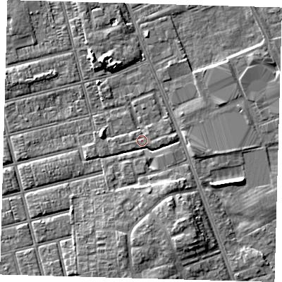 Shaded relief map of the ground around DN329SJ, computed from Environment Agency LiDAR. The ground here sits at about 4 m above sea level and falls 6 m across the surrounding 800 m. Surface water reaching this point runs off ground lying to the south-south-east, 5.0 m higher.