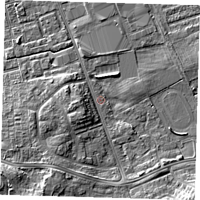 Shaded relief map of the ground around DN329SP, computed from Environment Agency LiDAR. The ground here sits at about 4 m above sea level and falls 7 m across the surrounding 800 m. Surface water reaching this point runs off ground lying to the west-south-west, 3.9 m higher.