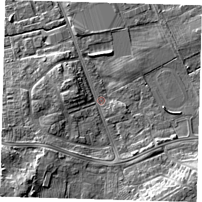 Shaded relief map of the ground around DN329SR, computed from Environment Agency LiDAR. The ground here sits at about 4 m above sea level and falls 9 m across the surrounding 800 m. Surface water reaching this point runs off ground lying to the west, 3.8 m higher.
