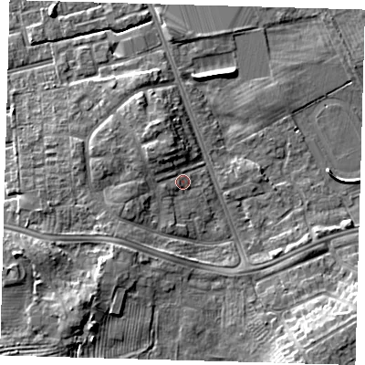 Shaded relief map of the ground around DN329SS, computed from Environment Agency LiDAR. The ground here sits at about 5 m above sea level and falls 8 m across the surrounding 800 m. Surface water reaching this point runs off ground lying to the west-south-west, 1.2 m higher.