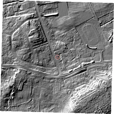 Shaded relief map of the ground around DN329ST, computed from Environment Agency LiDAR. The ground here sits at about 4 m above sea level and falls 9 m across the surrounding 800 m. Surface water reaching this point runs off ground lying to the south-south-east, 7.6 m higher.
