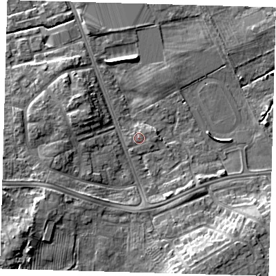 Shaded relief map of the ground around DN329SU, computed from Environment Agency LiDAR. The ground here sits at about 4 m above sea level and falls 9 m across the surrounding 800 m. The ground contributing surface water to this point lies to the east-north-east.