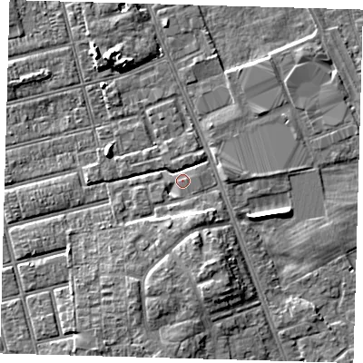 Shaded relief map of the ground around DN329SW, computed from Environment Agency LiDAR. The ground here sits at about 4 m above sea level and falls 6 m across the surrounding 800 m. Surface water reaching this point runs off ground lying to the south-south-east, 5.1 m higher.