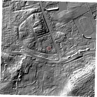 Shaded relief map of the ground around DN329SY, computed from Environment Agency LiDAR. The ground here sits at about 4 m above sea level and falls 9 m across the surrounding 800 m. Surface water reaching this point runs off ground lying to the west, 3.1 m higher.