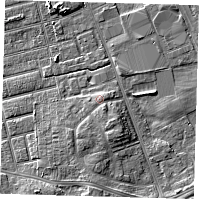 Shaded relief map of the ground around DN329TJ, computed from Environment Agency LiDAR. The ground here sits at about 6 m above sea level and falls 7 m across the surrounding 800 m. Surface water reaching this point runs off ground lying to the east-north-east, 1.4 m higher.