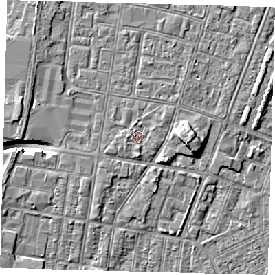 Shaded relief map of the ground around DN329UT, computed from Environment Agency LiDAR. The ground here sits at about 4 m above sea level and falls 9 m across the surrounding 800 m. Surface water reaching this point runs off ground lying to the south, 0.7 m higher.
