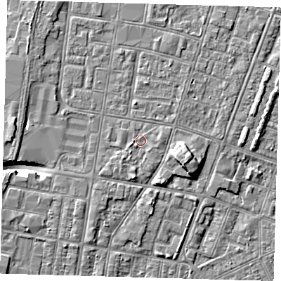 Shaded relief map of the ground around DN329XB, computed from Environment Agency LiDAR. The ground here sits at about 4 m above sea level and falls 9 m across the surrounding 800 m. Surface water reaching this point runs off ground lying to the west-south-west, 1.0 m higher.