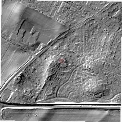 Shaded relief map of the ground around DN32EL, computed from Environment Agency LiDAR. The ground here sits at about 9 m above sea level and falls 6 m across the surrounding 800 m. Surface water reaching this point runs off ground lying to the west, 1.5 m higher.