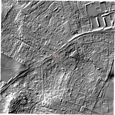 Shaded relief map of the ground around DN32JA, computed from Environment Agency LiDAR. The ground here sits at about 12 m above sea level and falls 6 m across the surrounding 800 m. Surface water reaching this point runs off ground lying to the north-east, 1.6 m higher.