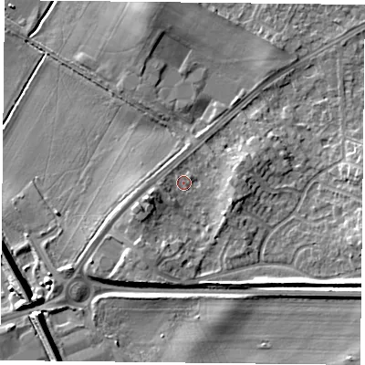 Shaded relief map of the ground around DN32JB, computed from Environment Agency LiDAR. The ground here sits at about 10 m above sea level and falls 9 m across the surrounding 800 m. Surface water reaching this point runs off ground lying to the south-west, 4.5 m higher.