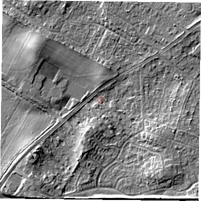Shaded relief map of the ground around DN32JD, computed from Environment Agency LiDAR. The ground here sits at about 8 m above sea level and falls 6 m across the surrounding 800 m. Surface water reaching this point runs off ground lying to the south-west, 6.1 m higher.