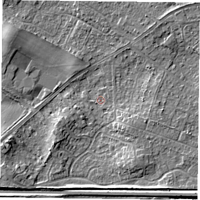 Shaded relief map of the ground around DN32JU, computed from Environment Agency LiDAR. The ground here sits at about 8 m above sea level and falls 7 m across the surrounding 800 m. Surface water reaching this point runs off ground lying to the south-west, 6.0 m higher.