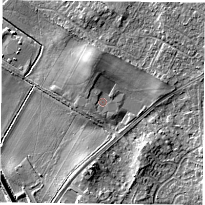 Shaded relief map of the ground around DN32JY, computed from Environment Agency LiDAR. The ground here sits at about 9 m above sea level and falls 10 m across the surrounding 800 m. Surface water reaching this point runs off ground lying to the north-north-west, 3.4 m higher.