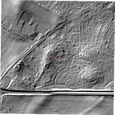 Shaded relief map of the ground around DN32JZ, computed from Environment Agency LiDAR. The ground here sits at about 9 m above sea level and falls 6 m across the surrounding 800 m. Surface water reaching this point runs off ground lying to the west, 2.1 m higher.